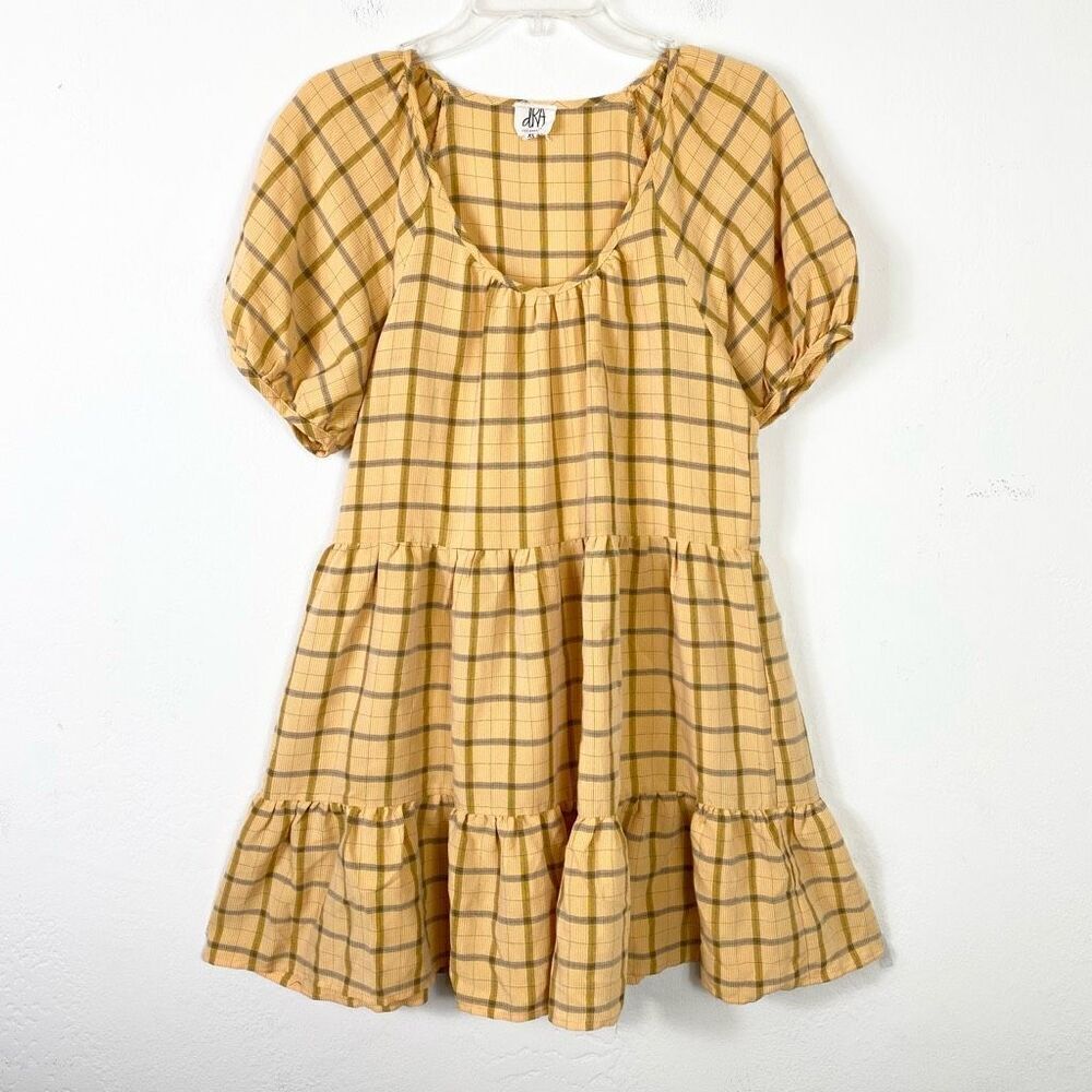 Dra Los Angeles Yellow & Grey Plaid Puff Sleeve Tiered Cottagecore Mini Dress